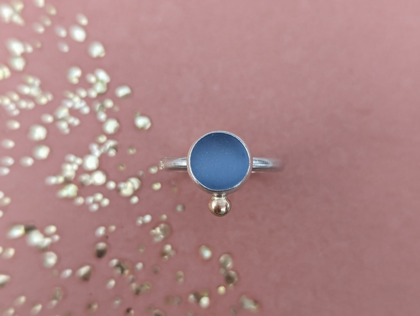 Cornflower blue seaglass ring with 9ct gold
