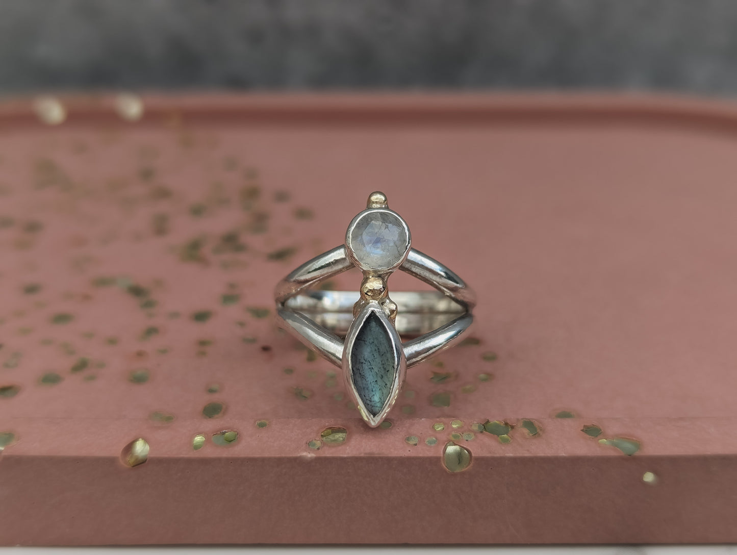 Moonstone and Labradorite ring with recycled 9ct gold.