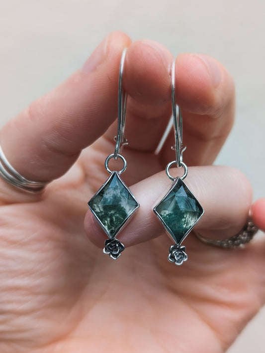 Moss Agate and Succulent Bud Dangly Earrings