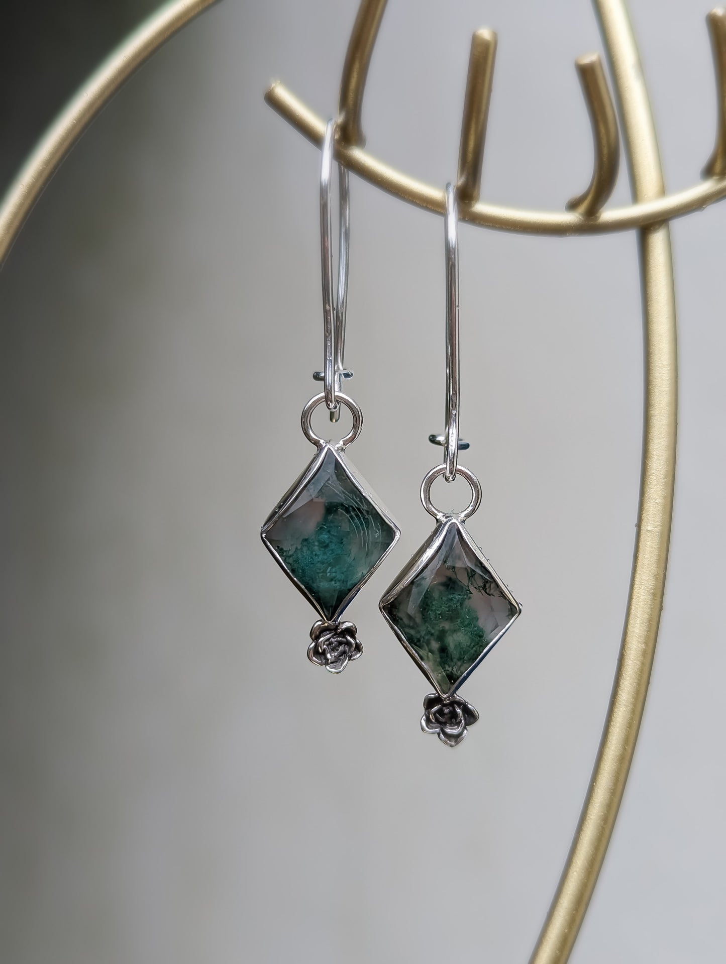 Moss Agate and Succulent Bud Dangly Earrings
