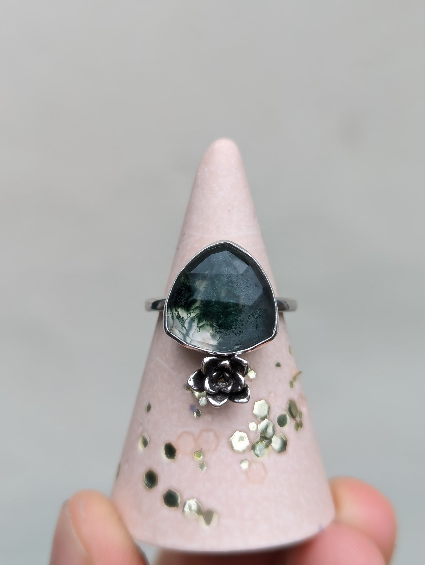 Moss Agate and Casted Succulent Ring