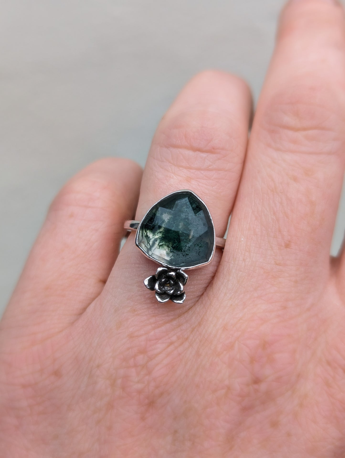 Moss Agate and Casted Succulent Ring