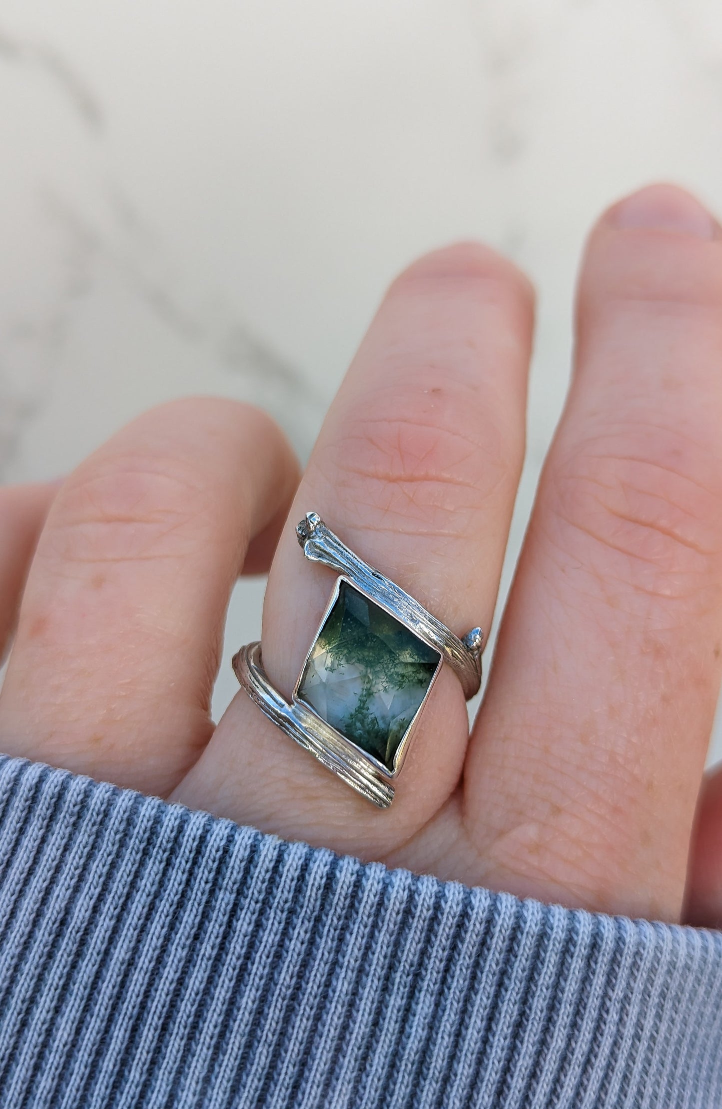 Diamond shaped Moss Agate Twisted Twig Ring
