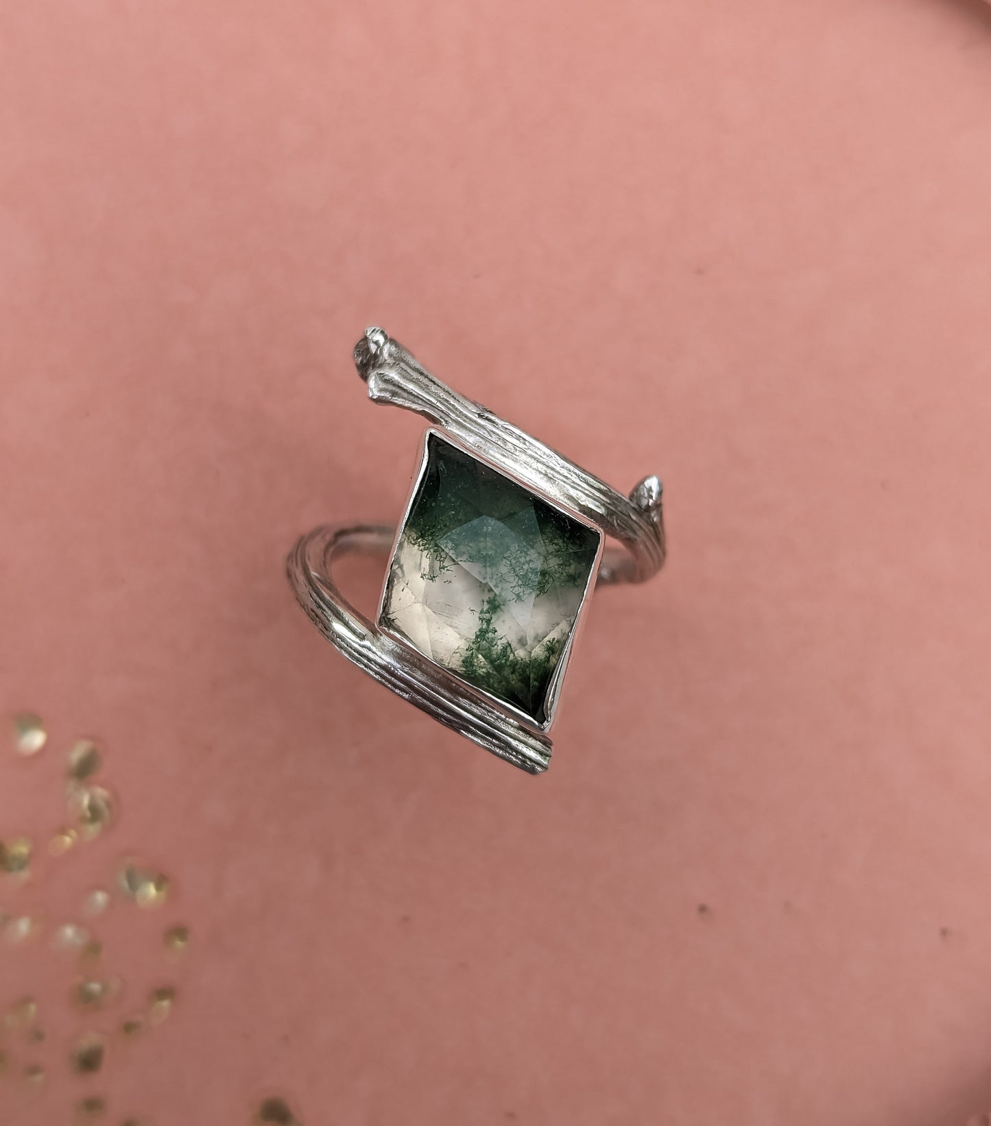Diamond shaped Moss Agate Twisted Twig Ring