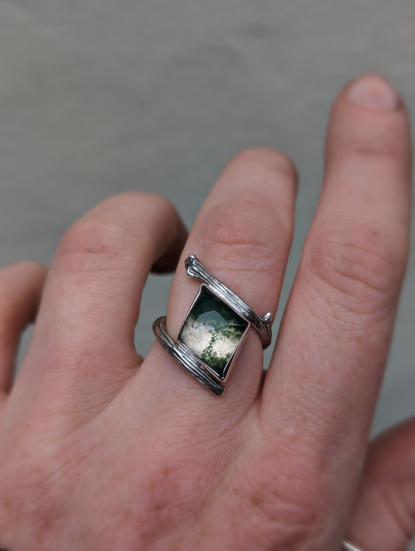 Diamond shaped Moss Agate Twisted Twig Ring
