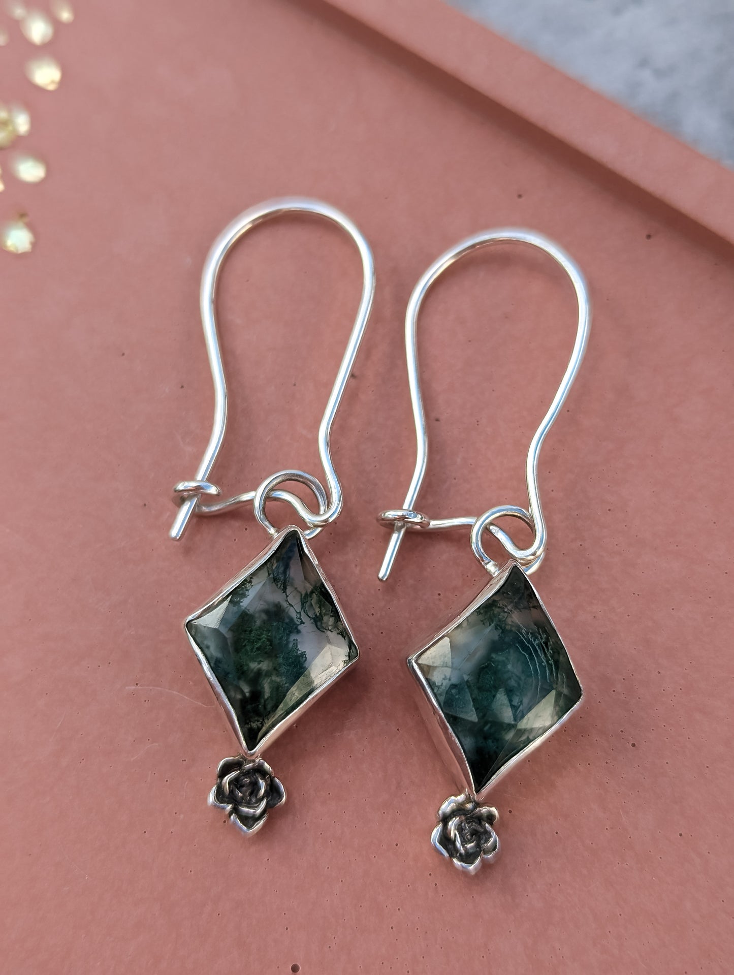 Moss Agate and Succulent Bud Dangly Earrings