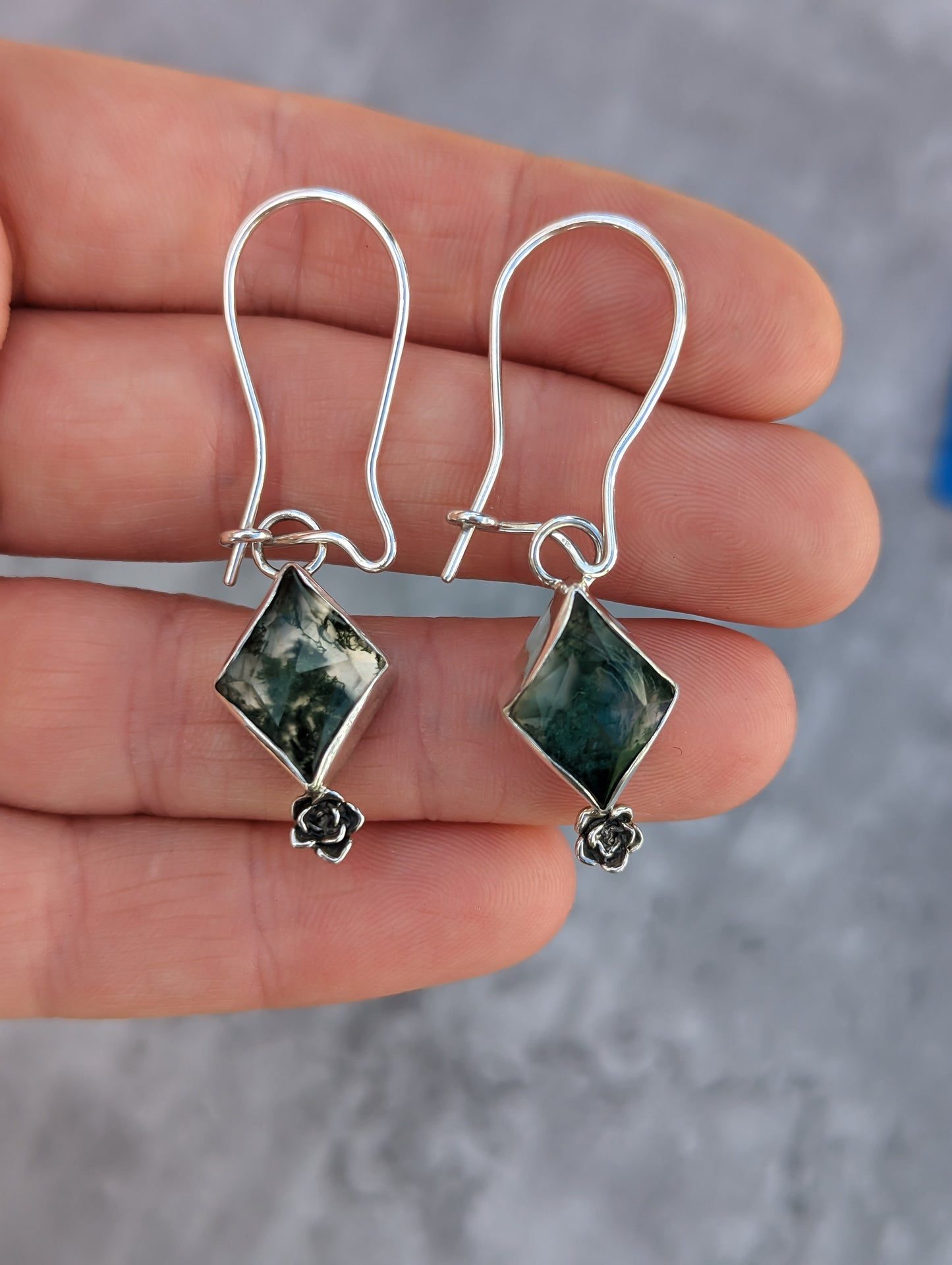 Moss Agate and Succulent Bud Dangly Earrings