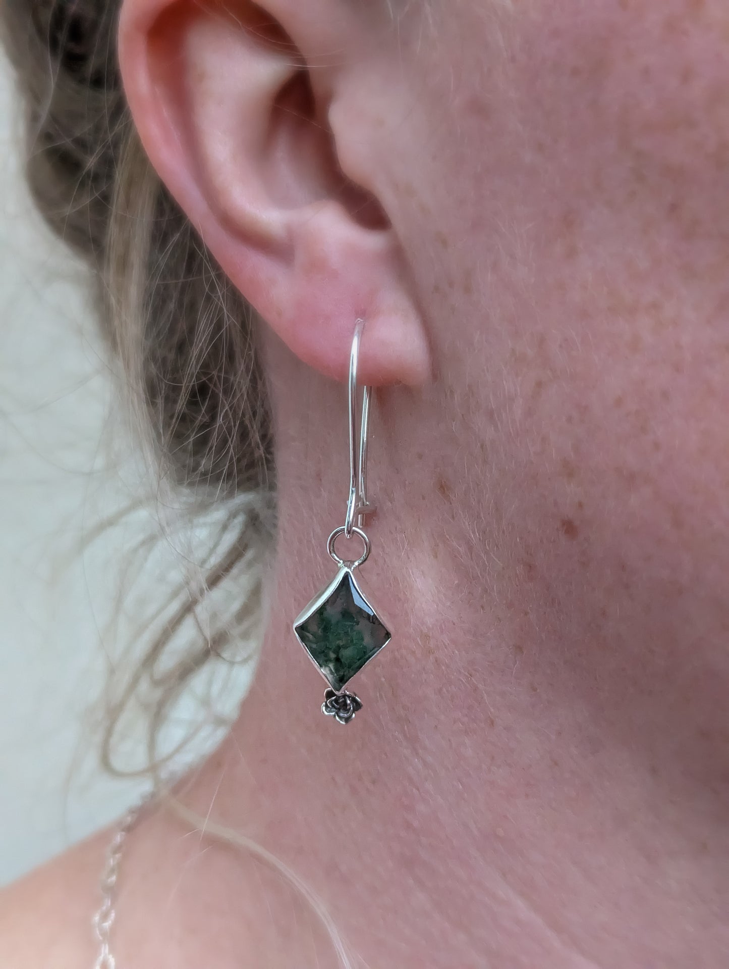 Moss Agate and Succulent Bud Dangly Earrings
