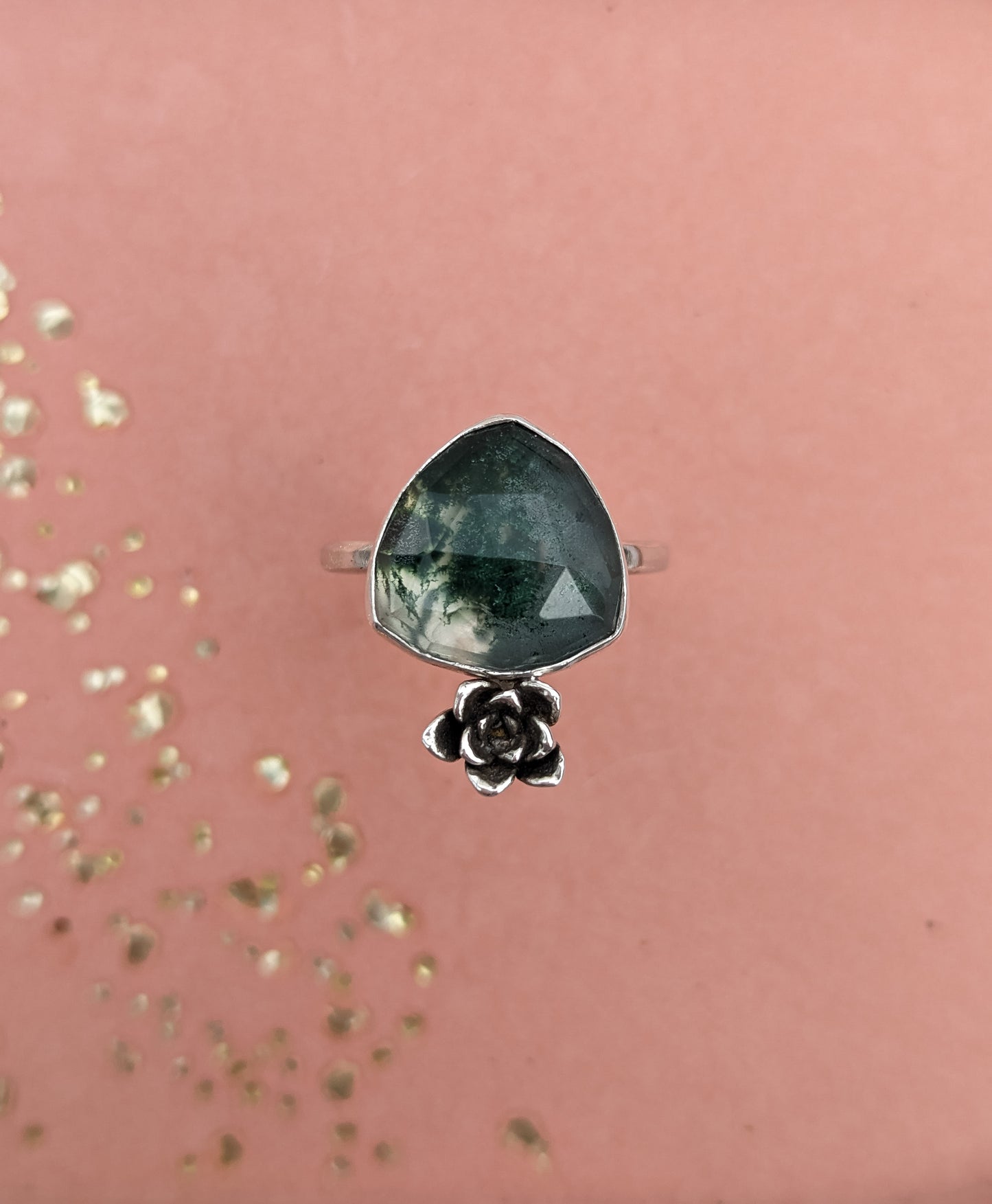 Moss Agate and Casted Succulent Ring