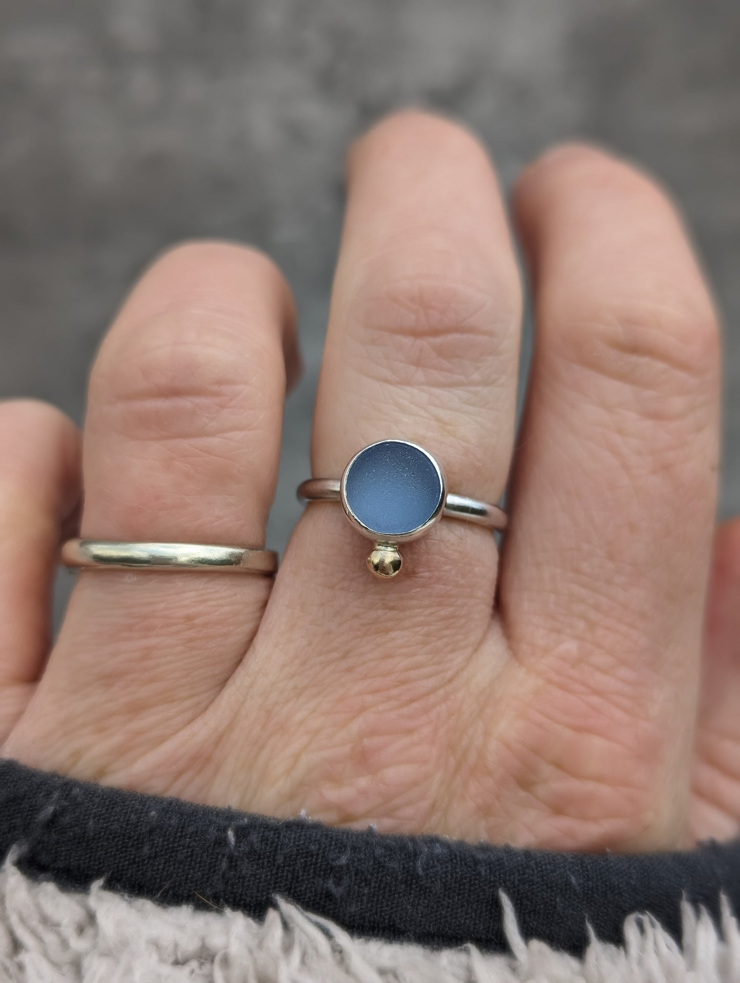 Cornflower blue seaglass ring with 9ct gold