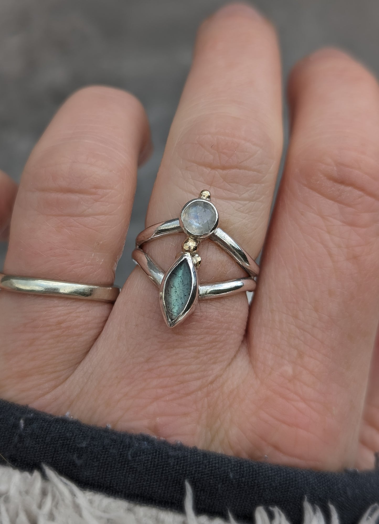 Moonstone and Labradorite ring with recycled 9ct gold.