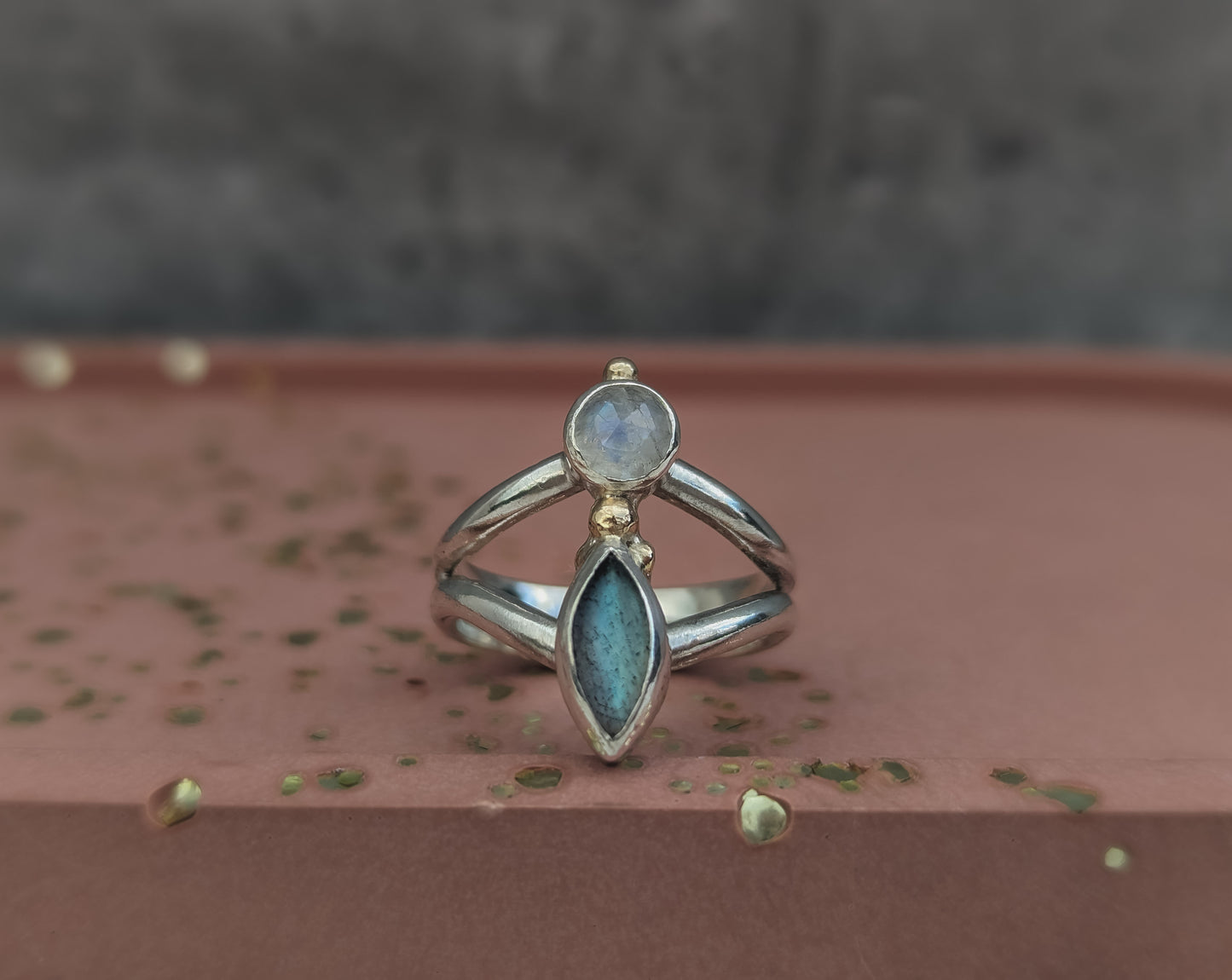 Moonstone and Labradorite ring with recycled 9ct gold.