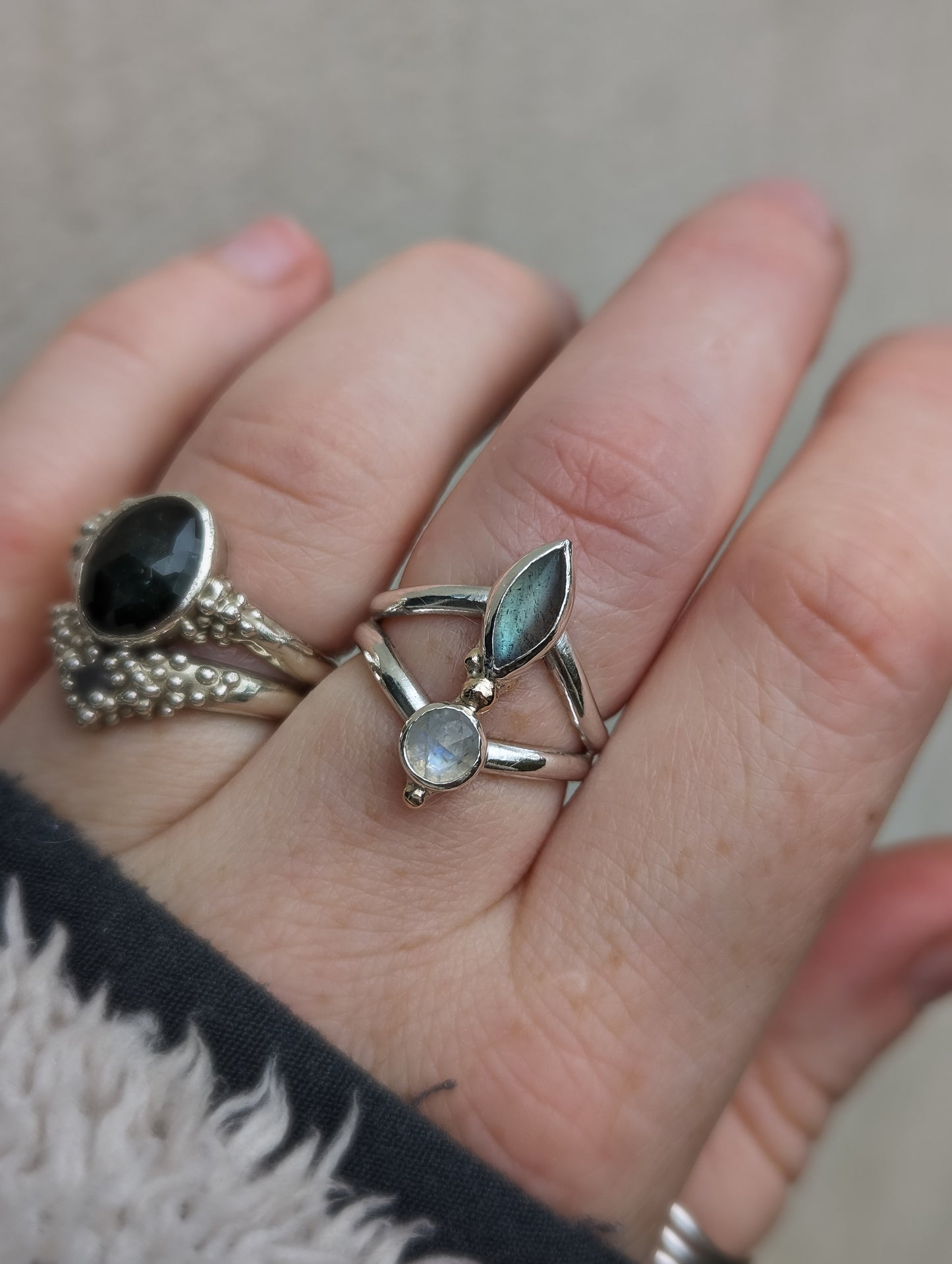 Moonstone and Labradorite ring with recycled 9ct gold.