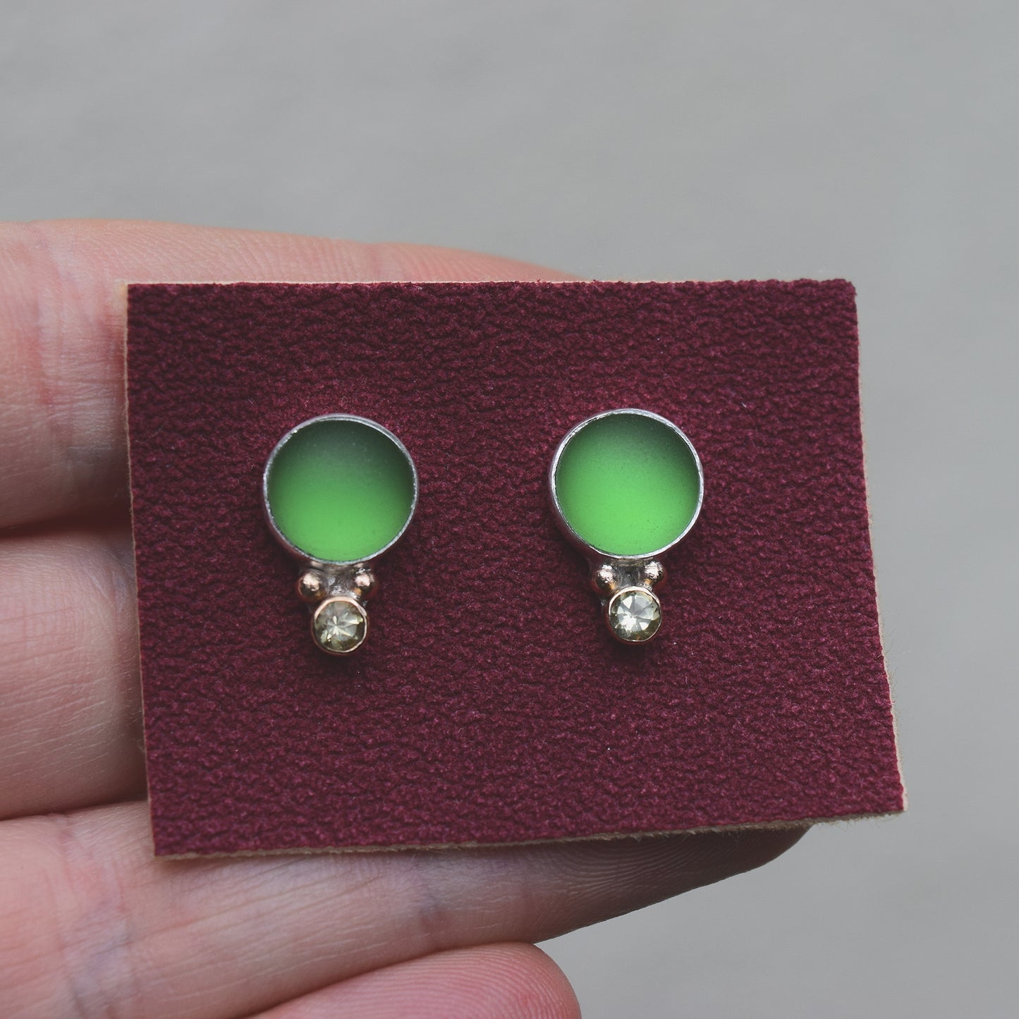 Green Seaglass Studs with Lemon Quartz