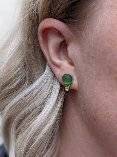 Green Seaglass Studs with Lemon Quartz