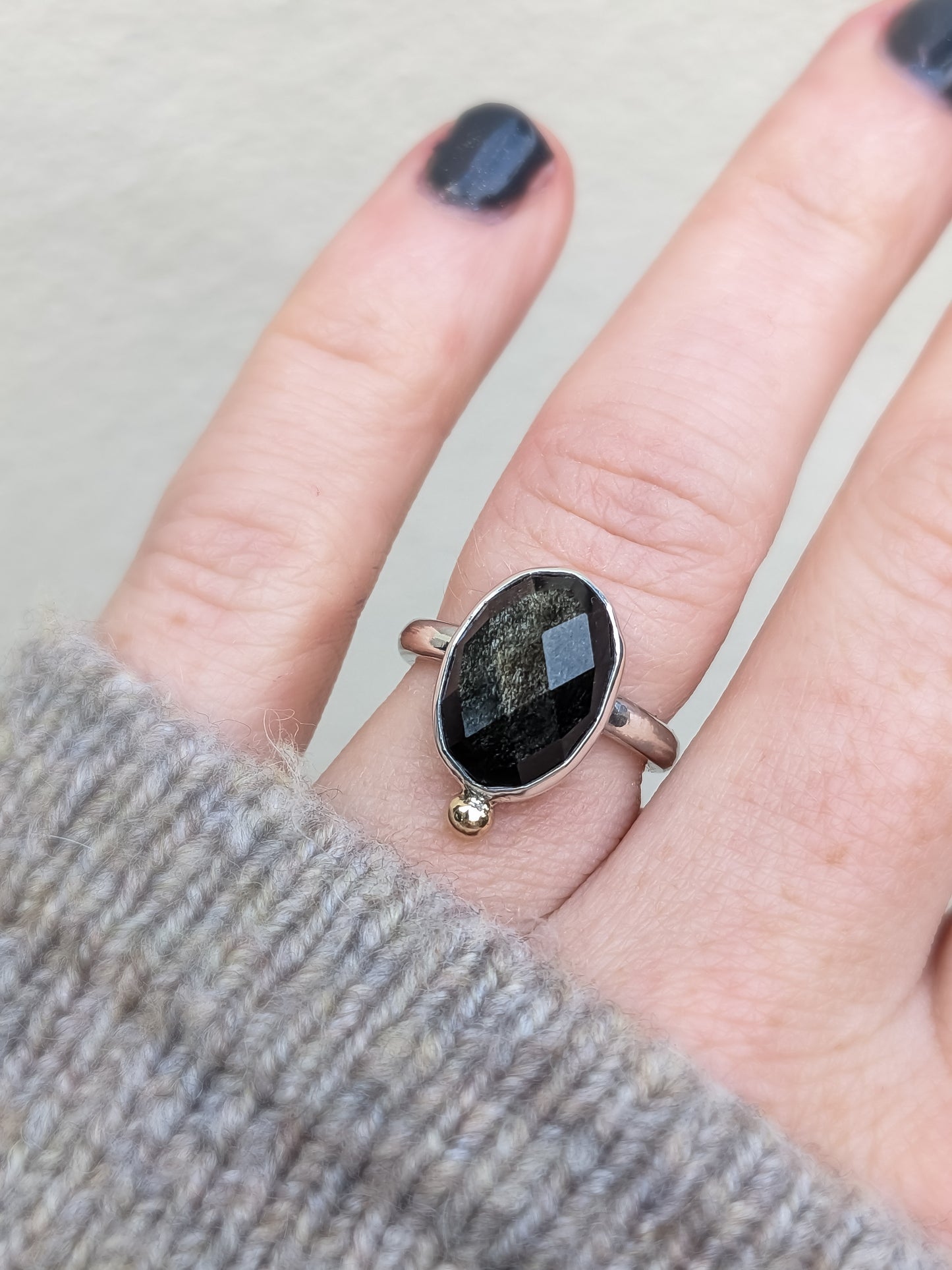 Rose Cut Obsidian Ring with Recycled Gold size K