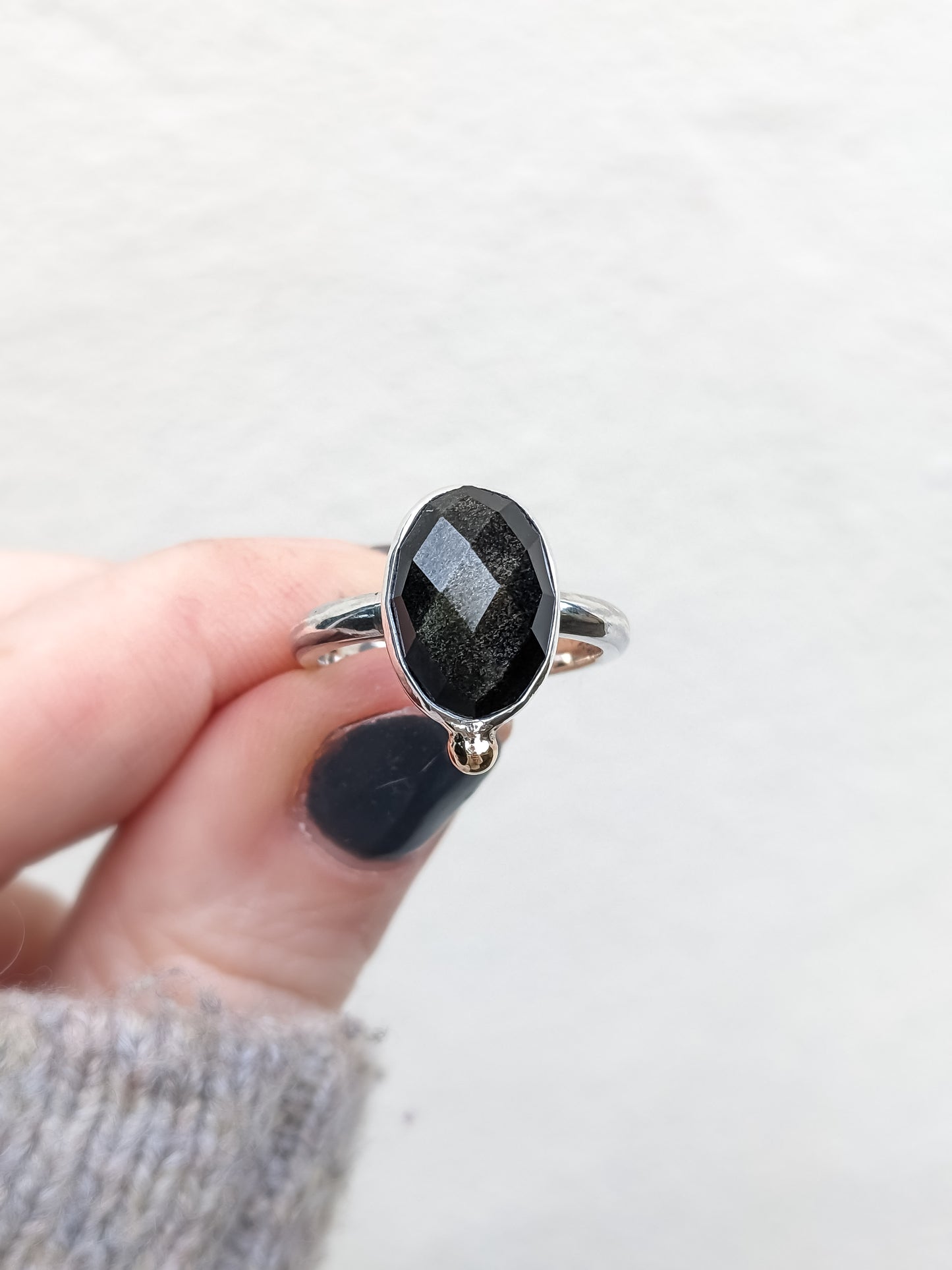 Rose Cut Obsidian Ring with Recycled Gold size P