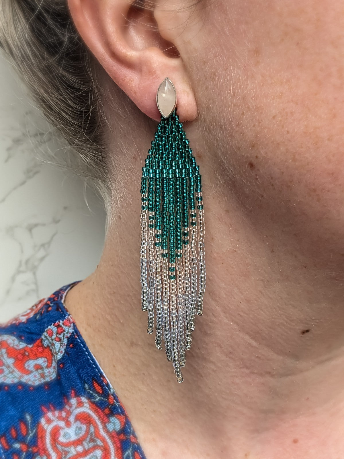 Rose Quartz Versatile Earrings with Teal Beaded Fringe