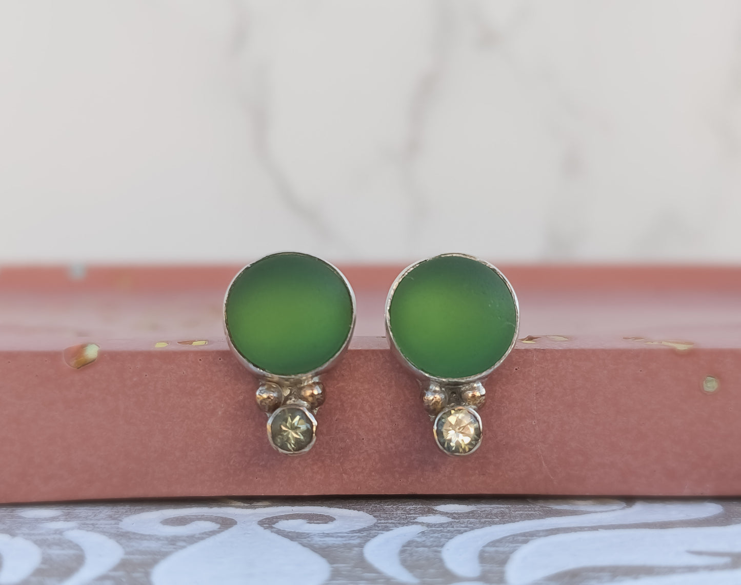 Green Seaglass Studs with Lemon Quartz