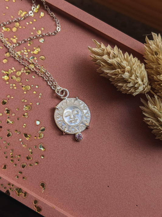 Sun Carved Mother of Pearl with Pink CZ
